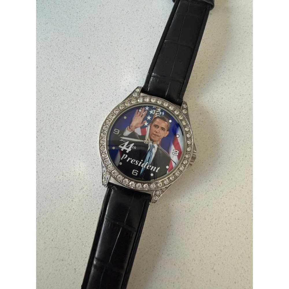 Barack Obama 44th President Commemorative Watch Rhinestone Bezel Black Leather